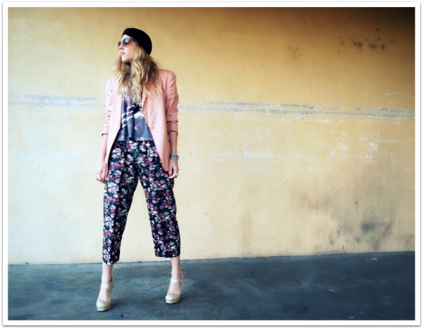"Personal Style, Turban, Spring Trends, Floral Pants, Pink Palette, Wkshp tee, pink blazer"